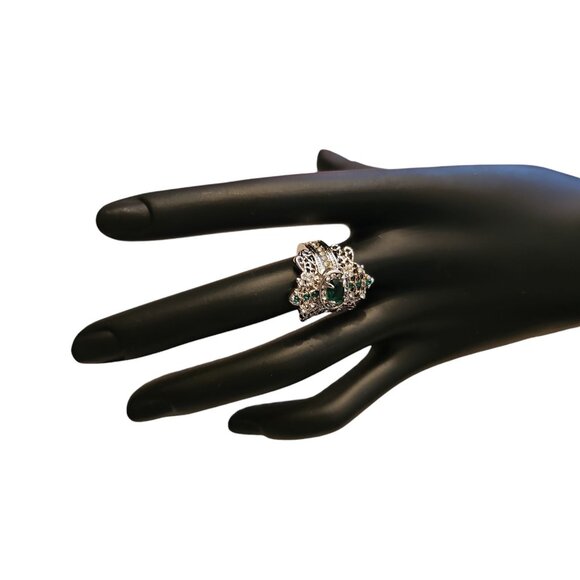 Victorian Trading Green Rhinestone & CZ Sterling Silver 925 Queen Ring Size 6 - Picture 2 of 16
